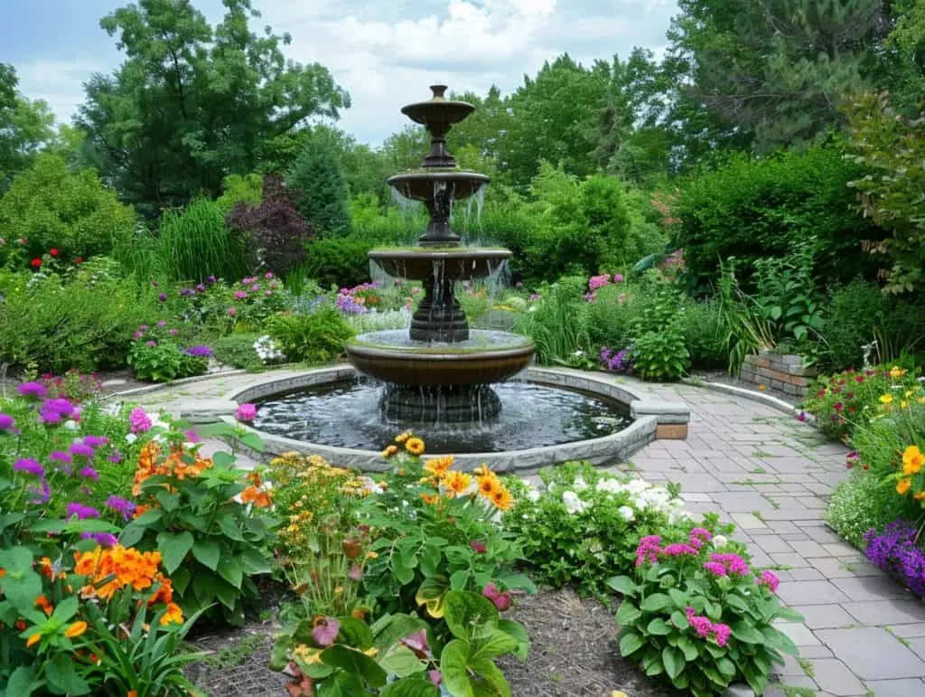 Il s'agit d'une fontaine en pierre au milieu de plantes colorées 
