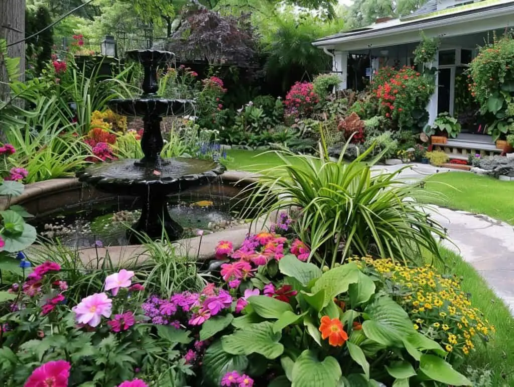 Il s'agit d'un aménagement paysager composé de plantes colorées et d'une fontaine 